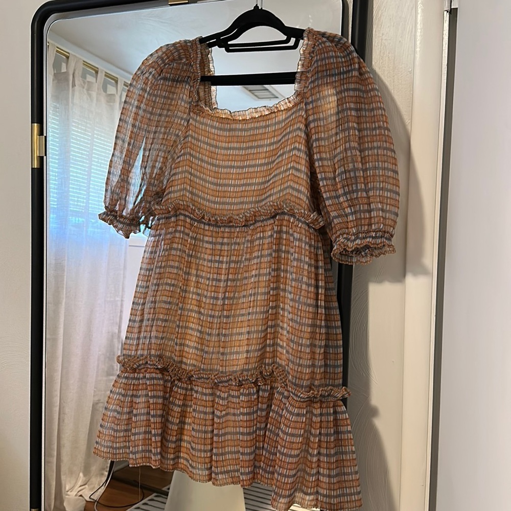 Sea New York Organza Pleated Puff Sleeve Dress Size Small Brown Plaid